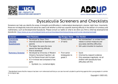 ADD UP UCL Dyscalculculia Screener Overview - UCL Discovery